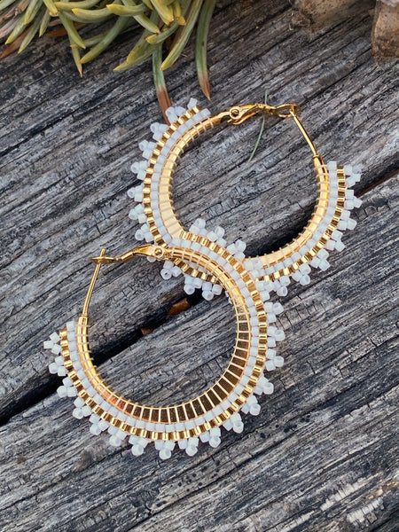 Gold & white 1 1/2” hoop earrings