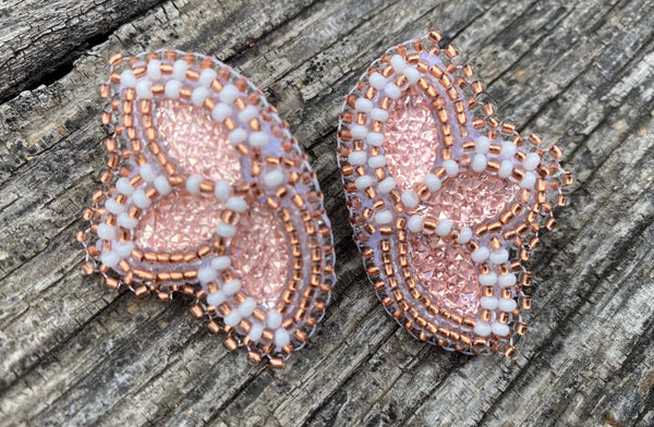Native American beaded copper,earrings, rose gold flower beaded earrings, butterfly earrings, beaded earrings, Mardi Gras earrings