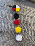 Medicine wheel shoulder duster beaded earrings, medicine wheel smoked hide beaded earrings,