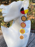 Medicine wheel shoulder duster beaded earrings, medicine wheel smoked hide beaded earrings,