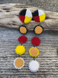 Medicine wheel shoulder duster beaded earrings, medicine wheel smoked hide beaded earrings,