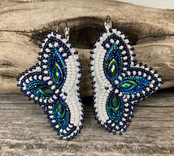 Mardi Gras earrings, Native American Beaded Earrings, native beadwork, white beaded earrings, blue earrings, peacock earrings