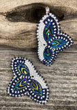 Mardi Gras earrings, Native American Beaded Earrings, native beadwork, white beaded earrings, blue earrings, peacock earrings