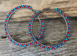 3 inch beaded turquoise & red hoop earrings