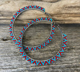 3 inch beaded turquoise & red hoop earrings