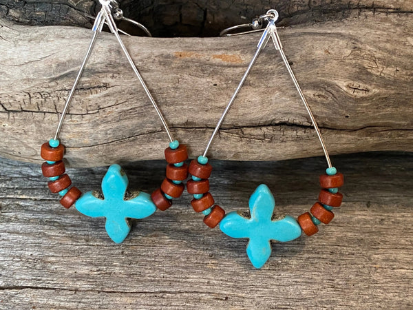 Turquoise & brown teardrop hoop earrings