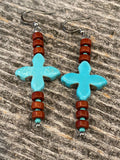 Turquoise & brown bar earrings, beaded stick earrings