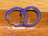 2" inch blue & silver beaded hoop earrings, matte beaded hoop earrings, Native beaded earrings, summer earrings, blue hoops