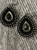 Black teardrop beaded earrings, Native earrings, teardop earrings, Native Beadwork, Unique beaded earrings