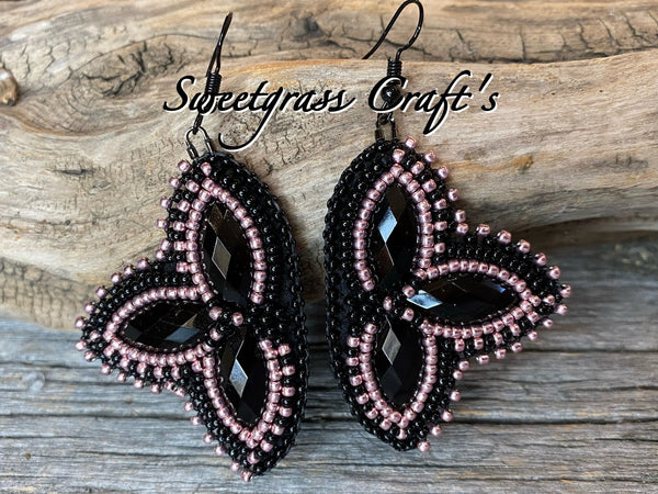 Black & metallic pink beaded Mardi Gras earrings