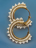 1” gold & white beaded clip on hoop earrings