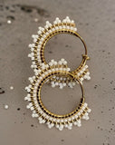 1” gold & white beaded clip on hoop earrings