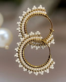 1” gold & white beaded clip on hoop earrings
