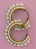 1” gold & white beaded clip on hoop earrings