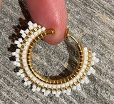 1” gold & white beaded clip on hoop earrings