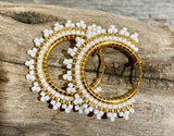 1” gold & white beaded clip on hoop earrings