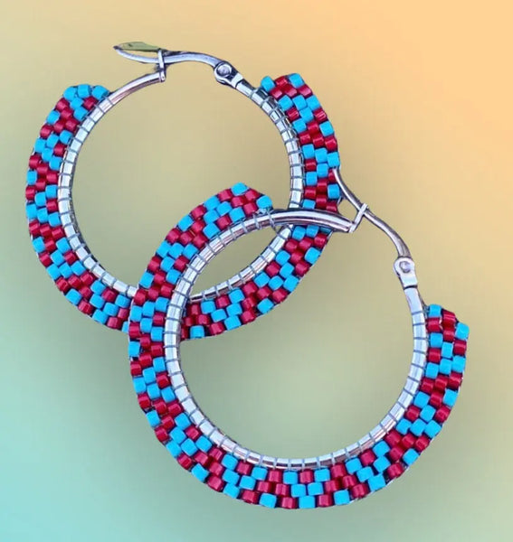 1 1/2” inch turquoise & red beaded hoop earrings, hoop earrings, summer earrings, turquoise hoops, light earrings