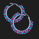 1 1/2” inch turquoise & red beaded hoop earrings, hoop earrings, summer earrings, turquoise hoops, light earrings