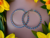 3 inch beaded turquoise & red hoop earrings