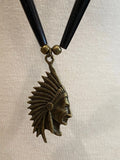 Native American long 23” necklace with Brass Chief in headdress, Native American jewelry, beaded native necklace, hair pipe long necklace