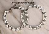 White & silver Hoop earrings, 1.5”beaded hoop earrings, Native beaded earrings, silver hoop earrings, classic earrings, unique earrings