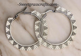 White & silver Hoop earrings, 2” beaded hoop earrings, Native beaded earrings, silver hoop earrings, classic earrings, unique earrings