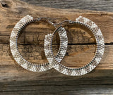 White & silver Hoop earrings, 1.5”beaded hoop earrings, Native beaded earrings, silver hoop earrings, classic earrings, unique earrings