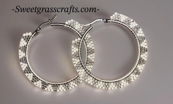 White & silver Hoop earrings, 2” beaded hoop earrings, Native beaded earrings, silver hoop earrings, classic earrings, unique earrings