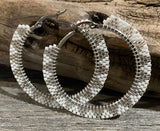 White & silver Hoop earrings, 1.5”beaded hoop earrings, Native beaded earrings, silver hoop earrings, classic earrings, unique earrings