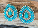Turquoise & silver teardrop beaded earrings, Native earrings, teardop earrings, Native Beadwork, Unique beaded earrings