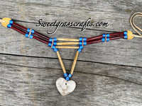Native American necklace with horsehair pottery heart hairpipe bone beads, horn beads and vintage light blue hand blown glassbeads