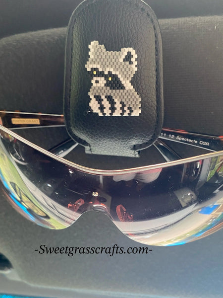 Vehicle sunglass holder beaded raccoon , raccoon beaded sunglass holder