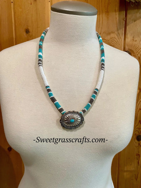 First Nations beaded round necklace with concho center, beaded round necklace, beaded round hatband