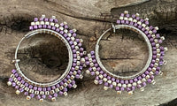 1” purple silver beaded clip on hoop earrings, clip on hoop earrings