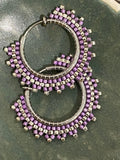 1” purple silver beaded clip on hoop earrings, clip on hoop earrings