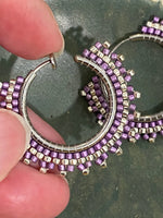 1” purple silver beaded clip on hoop earrings, clip on hoop earrings