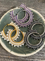 1” purple silver beaded clip on hoop earrings, clip on hoop earrings