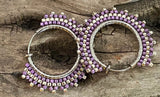 1” purple silver beaded clip on hoop earrings, clip on hoop earrings