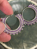 1” purple silver beaded clip on hoop earrings, clip on hoop earrings