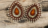 Brown & silver teardrop beaded earrings, Native beaded earrings,