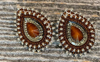 Brown & silver teardrop beaded earrings, Native beaded earrings,