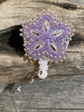 Beaded purple & silver badge reel, Native American beaded badge holder, Indigenous beadwork, beaded ID holder, ID card reel