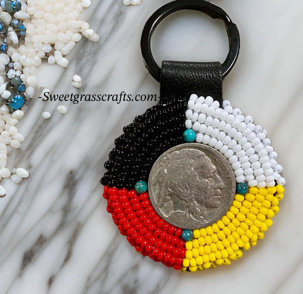 Beaded Native Medicine wheel keychain, Beaded Native key chain, Buffalo nickel Keychain, Indigenous keychain