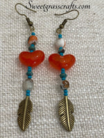 Spiny oyster with orange glass heart minimalist bar earrings