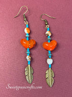 Spiny oyster with orange glass heart minimalist bar earrings