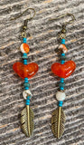 Spiny oyster with orange glass heart minimalist bar earrings