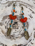 Spiny oyster with orange glass heart minimalist bar earrings