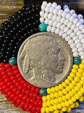 Beaded Native Medicine wheel keychain, Beaded Native key chain, Buffalo nickel Keychain, Indigenous keychain