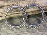 Purple & silver 2 1/2” beaded hoop earrings