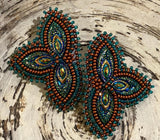 Copper blue beaded earrings, Mardi Gras earrings